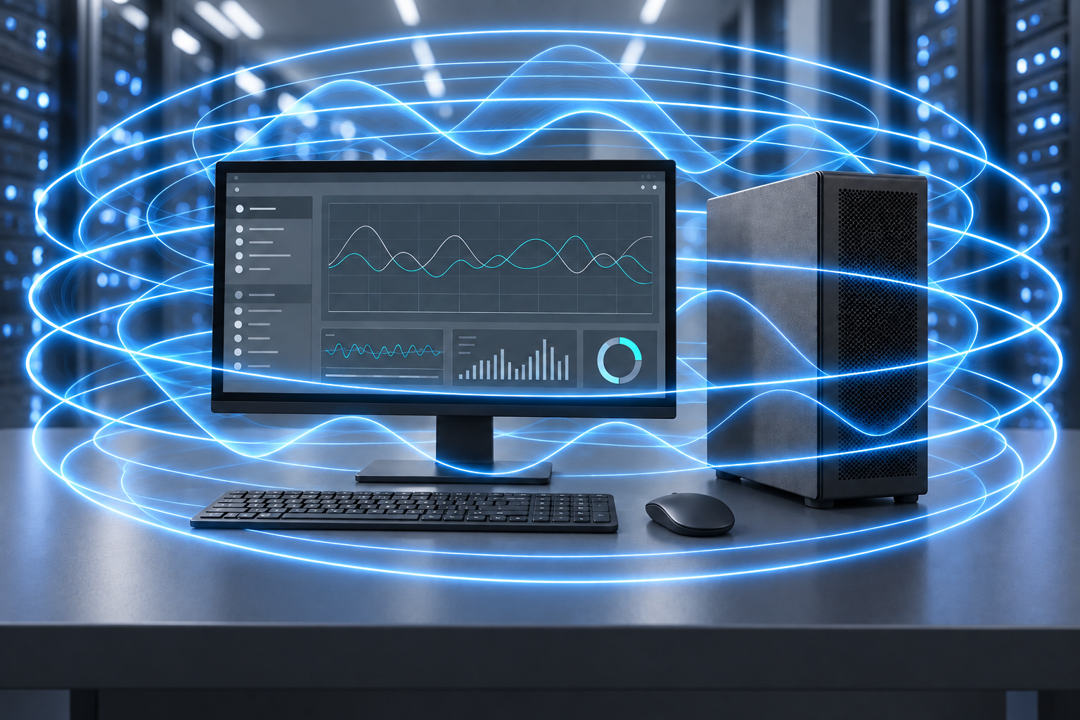 Conceptual illustration of a workstation and scanning waves against a data-center-inspired background