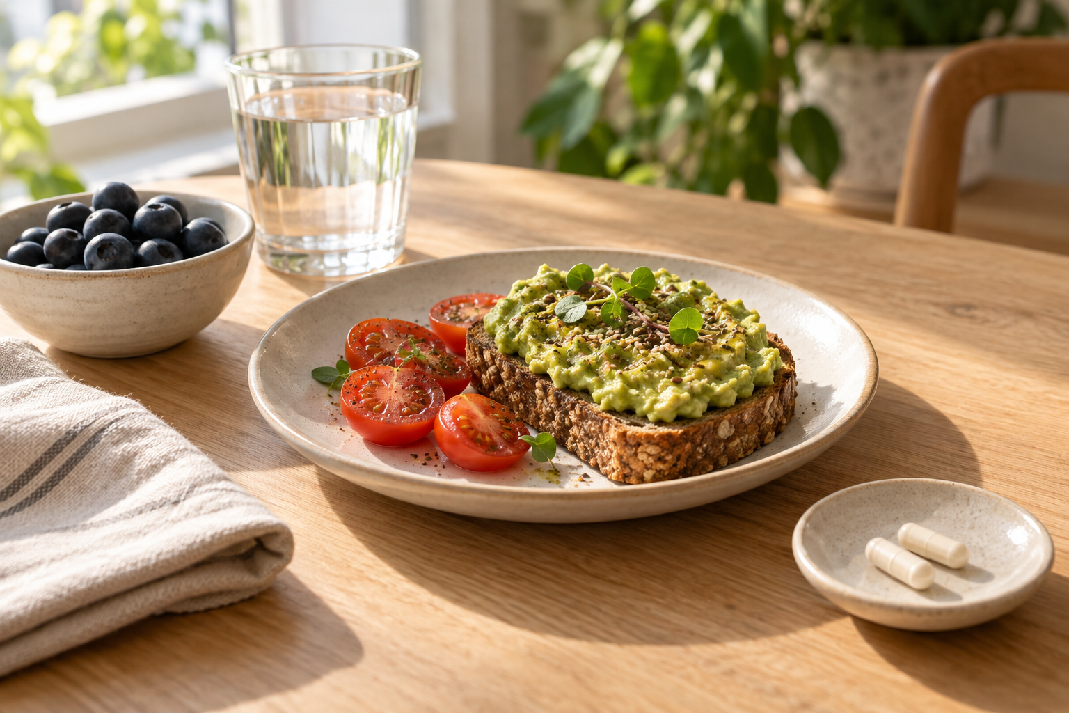 Avocado toast, blueberries, water, and supplements on a sunny kitchen table